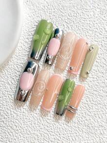 10pcs Avant-Garde Handmade Press-On Nails, Polygel Nail Art Set, Line Art Design, Yellow And Brown Nail Polish, Casual Style, Includes Nail Tools, 3 Sizes Available, Almond/Duck/Coffin Shape, Suitable For Party, Dancing, Daily Wear - Multicolor - View 12