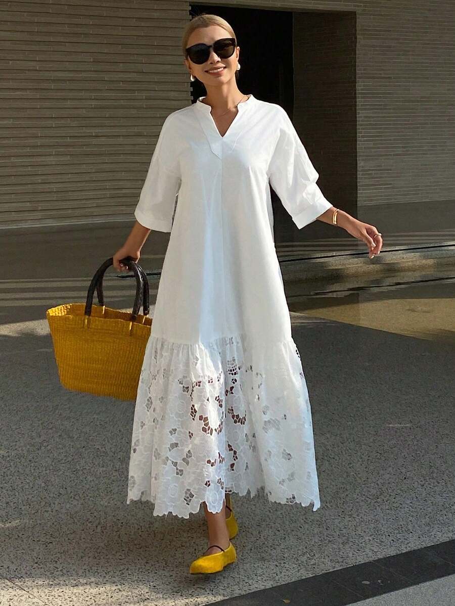 Vestido camisero casual de mujer con cuello alto, parches de encaje, para primavera/verano, vestido de invitada de boda, vestido de verano para mujer - Beis - Ver 1