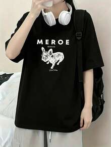 Women's Casual Black Bulldog Print Short-Sleeve T-Shirt, Round Neck, Drop Shoulder Top, Relaxed Fit, Knit Fabric, Streetwear Style - Black - View 5