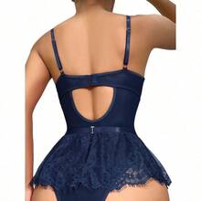 Lilosy Sexy Stocking Rhinestones Heart Garter Underwire Floral Mesh Lace Sheer Babydoll Lingerie Teddy Bodysuit Skirt Set - 藏蓝色 - 查看 2