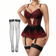 Lilosy Sexy Stocking Rhinestones Heart Garter Underwire Floral Mesh Lace Sheer Babydoll Lingerie Teddy Bodysuit Skirt Set - 花黑紅 - 查看 1