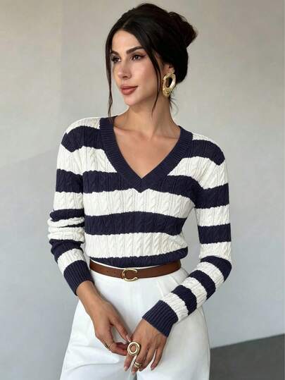 Sweater Rajut Bergaris Lengan Panjang Leher V dengan Blok Warna, Pakaian Rajut Kasual Wanita Musim Gugur/Dingin, Cocok untuk Pemakaian Sehari-hari, Jalan-jalan, dan Acara Kumpul-kumpul