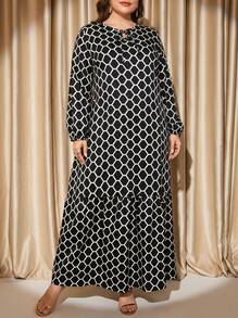 Voworia Vestido largo de talla grande con estampado geométrico de moda, adecuado para ir al trabajo, negro, elegante para primavera y vacaciones - Negro - Ver 1