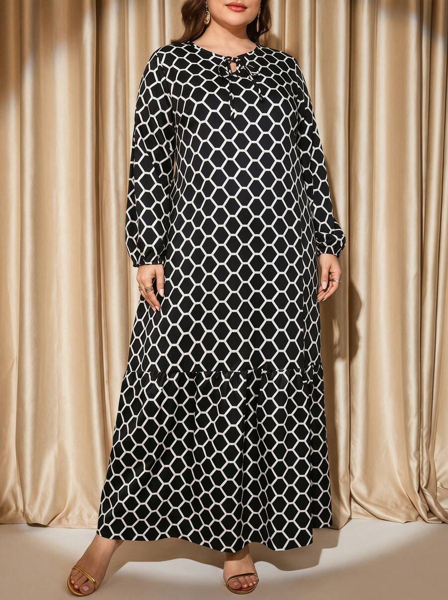 Voworia Vestido largo de talla grande con estampado geométrico de moda, adecuado para ir al trabajo, negro, elegante para primavera y vacaciones - Negro - Ver 1