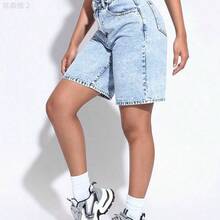 xuehuamaoyi02  PETITE Short bermuda de mezclilla para mujer, de corte holgado y casual, con bolsillos - Azul - Ver 7
