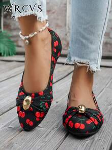 Black Pointed Toe Shoes, Random Printed Fabric Pattern, Slip-On Loafers, Work Shoes With Metal Buckle, Minimalist Commuting Lightweight Shoes - Multicolor - View 3