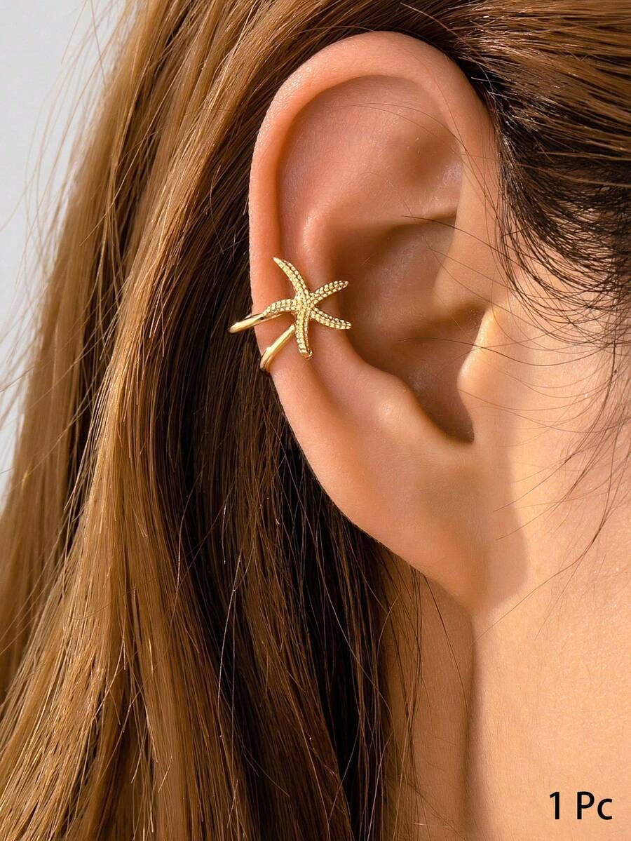 1pc Women's Gold Plated Starfish Ear Cuff, Elegant Minimalist Bohemian Beach Style Earring - Gold - View 1