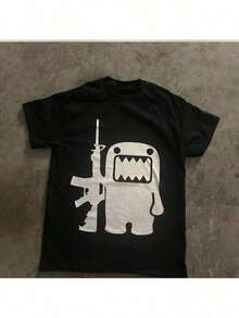 Men's Domo Kun Gun Black Graphic T-Shirt - 100% Cotton Y2K Grunge Emo Hip-Hop Streetwear With Bold Cartoon Print, Regular Fit Short Sleeve Crew Neck - 白色 - 查看 1