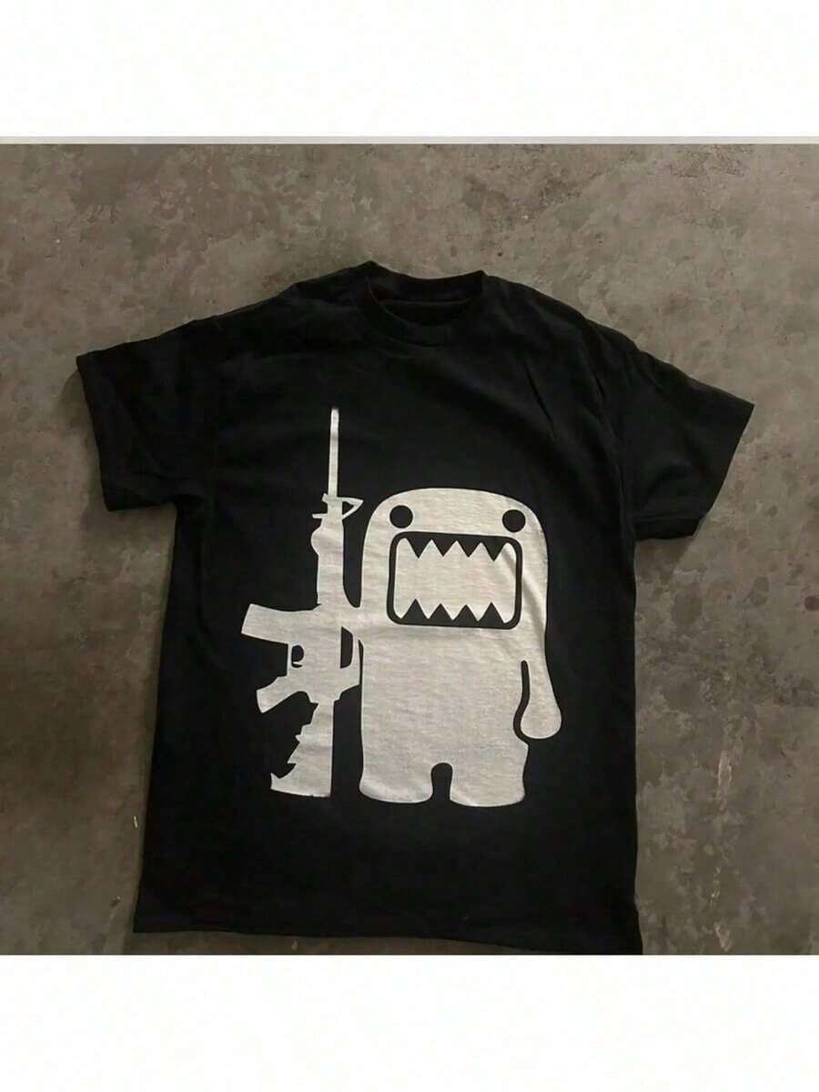 Men's Domo Kun Gun Black Graphic T-Shirt - 100% Cotton Y2K Grunge Emo Hip-Hop Streetwear With Bold Cartoon Print, Regular Fit Short Sleeve Crew Neck - 白色 - 查看 1