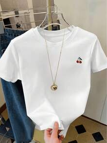 ChristmasFresh Small Cherry Print White Short-Sleeved-Shirt, And Versatile Style Summer--Quan QuanHot Item - White - View 1