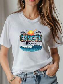 Camiseta de manga corta de verano para mujer - Estampado de paisaje tropical de playa con palmeras y olas - Top casual vibrante con cuello redondo estilo Cancún mexicano - Camiseta de playa - Blanco - Ver 1