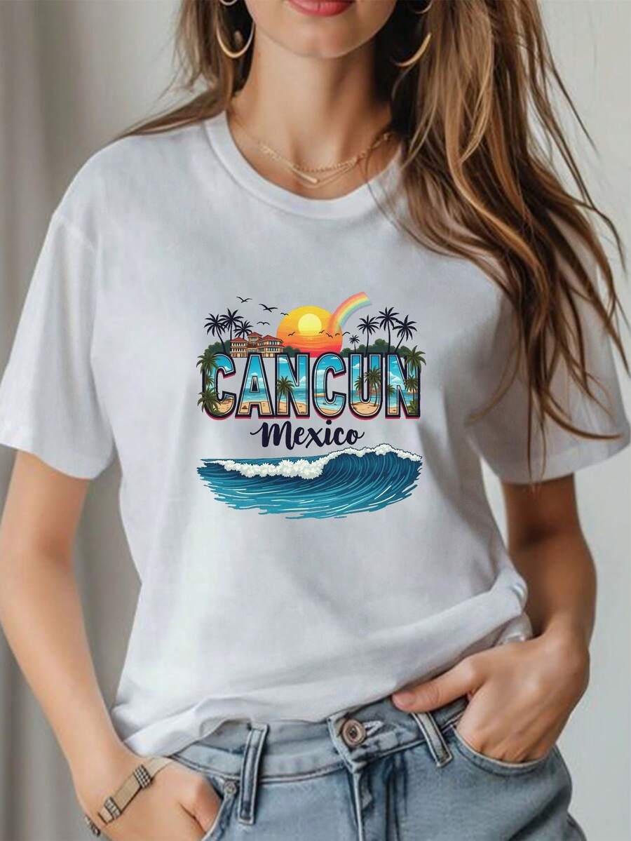 Camiseta de manga corta de verano para mujer - Estampado de paisaje tropical de playa con palmeras y olas - Top casual vibrante con cuello redondo estilo Cancún mexicano - Camiseta de playa - Blanco - Ver 1
