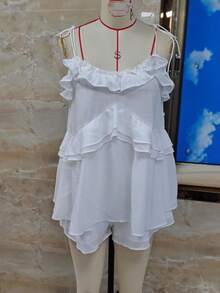 Womens Summer Romper Dress Chiffon Spaghetti Strap Sleeveless Ruffle Tiered Short Jumpsuits Beach Vacation Rompers - Brown - View 7