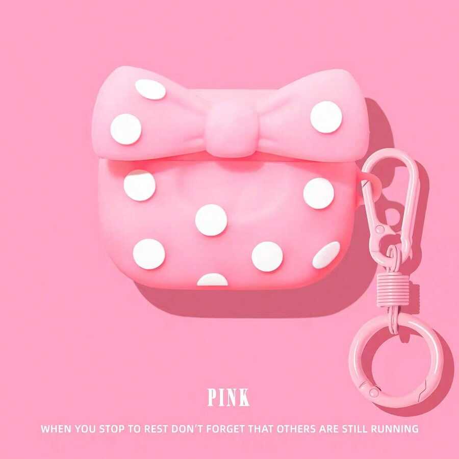 Polka Dot Bow Earphone Case, Cartoon Dirt-Resistant Hard Shell, Pendant, Girly Accessory, Full Protection - Pink - View 1