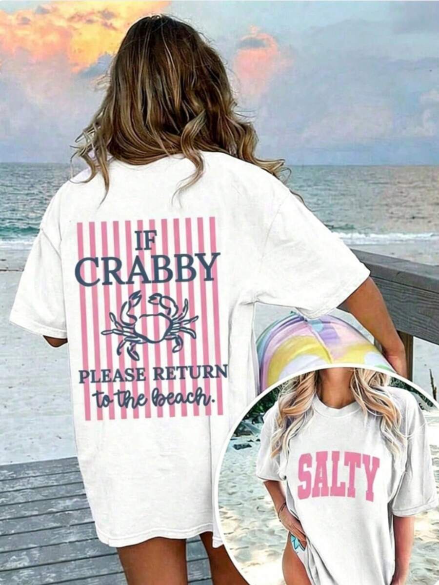 1 Piece Women's Graphic T-Shirt With "If You're In A Bad Mood, Please Go Back To The Beach" Print, 100% Cotton, Double-Sided Print, Casual Summer Style, Plus Size. | Clothing - 白色 - 查看 1
