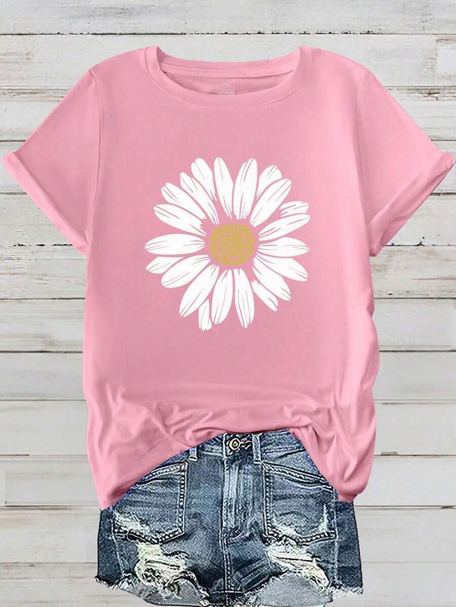 Plus Size Women's Floral Print Short Sleeve Casual T-Shirt, Round Neck Floral Design Top, Graphic Tees For Women - 粉色 - 查看 1