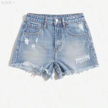 yonghongmaoyi1   Shorts en mezclilla desgarro ribete sin dobladillo - Lavado ligero - Ver 4