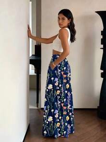 Quần ống rộng họa tiết Bohemian nữ, vải dệt dài, không co giãn, rủ mềm mại, có túi, phù hợp mặc mùa hè và mùa thu. - Màu xanh lam - Xem 5