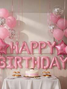 28件組生日派對氣球套裝，16英吋粉色HAPPY BIRTHDAY字母氣球、蝴蝶結鋁箔氣球、星星氣球、粉色乳膠氣球、12英吋銀色鋁箔亮片乳膠氣球，適用於生日派對、嬰兒洗禮裝飾 - 粉紅色套裝 - 查看 5