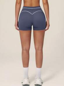 TimeOff Women's 1pc Colorblock White Stripe High Waist Tummy Control Sports Shorts - Navy Blue - View 5