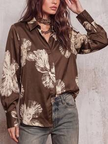 Damen Bluse mit Blumenmuster und langen Ärmeln, elegant, lässig, vielseitig, für den täglichen Gebrauch und Pendeln, für alle Jahreszeiten - Kaffeebraun - Übersicht 2