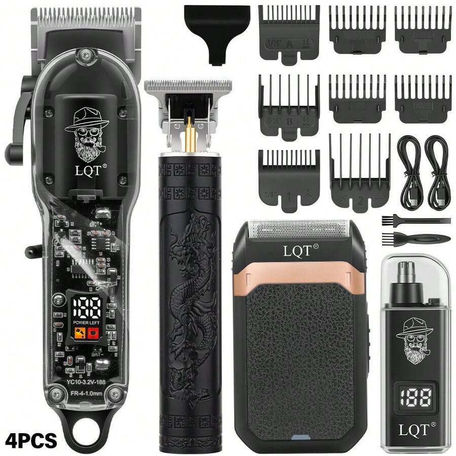 LQT (4件/3件/2件/1件) 無線理容工具組,包含男士理髮器、鬍鬚修剪器、鼻毛修剪器和刮鬍刀,USB-C充電,居家理髮、旅行修鬍與個人理容,送給男性/父親/男友的理想節日禮物 - 黑色 - 查看 1