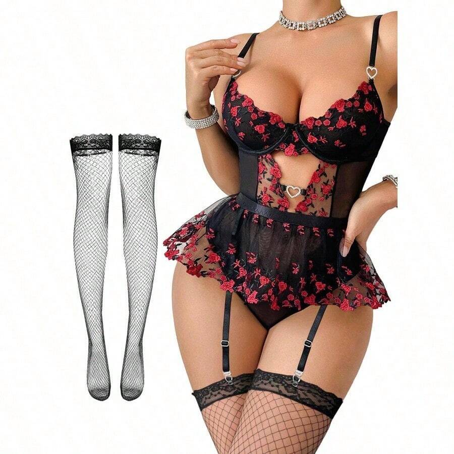 Lilosy Sexy Stocking Rhinestones Heart Garter Underwire Floral Mesh Lace Sheer Babydoll Lingerie Teddy Bodysuit Skirt Set - 玫瑰黑紅 - 查看 1