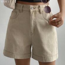 yonghongmaoyi1  Pantalones cortos de mezclilla de cintura alta de unicolor casual para mujer - Caqui - Ver 6