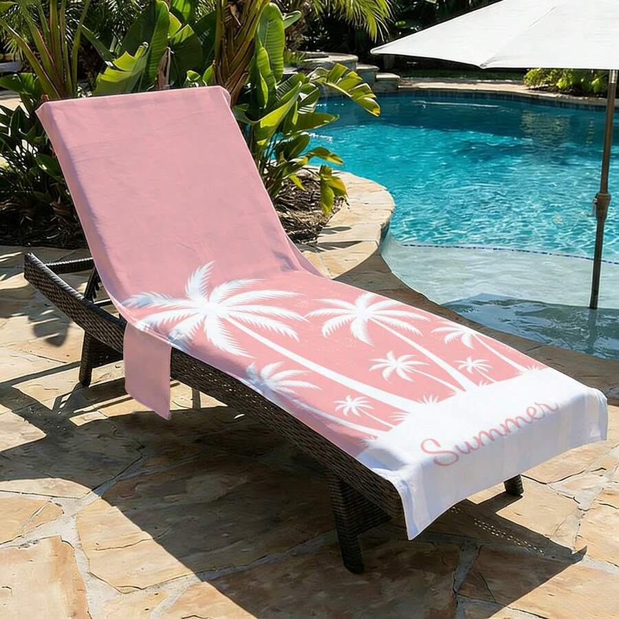 1pc Pink Coconut Tree Summer Microfiber Beach Chair Cover With Pocket, Lightweight And Breathable, Ideal For Travel And Beach Vacations, Poolside Essential | Summer Style Cover | Portable Beach Cover, Beach Towel - Multicolor - View 1