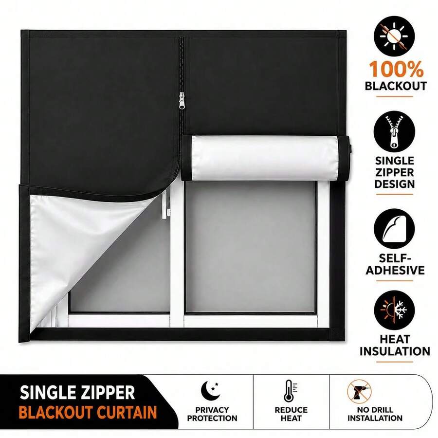 Portable Single Zipper Blackout Curtain, 100% Blackout, Self-Adhesive Window Curtain, Waterproof And Durable, Suitable For Children's Room And Nursery - A - View 1