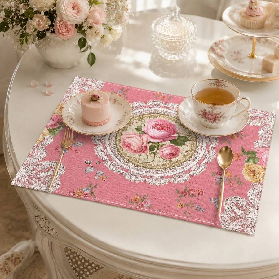 1pc Floral Pattern Placemat, Breakfast Mat, Coffee Mat, Coaster Set, Bowl & Plate Mat, Home Decor, Kitchen Accessory, Easy To Clean Placemat, Suitable For Home, Kitchen & Dining Table Decor, Holiday Gift, Multi-Piece Combination Pack, Linen Placemat - Multicolor - View 1