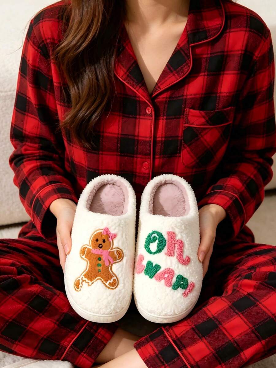 The Newly Launched Autumn And Winter Holiday Season Features Cute Gingerbread Men, Thickened Plush Anti-Slip And Warm Indoor And Outdoor Bedroom Family Slippers With Heart-Shaped Patterns For Christmas And Valentine's Day, As Well As Large-Sized Festive Gift Atmosphere Warm Slippers Suitable For Both Men And Women - 白色 - 查看 1