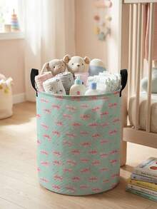 1pc Bow Pattern Printed Large Capacity Foldable Round Storage Basket With Handle, Multi-Purpose Storage Basket For Nursery, Baby Diaper, Clothes, Toys And Other Accessories - Multicolor - View 20