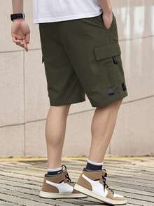Men's Summer Casual Multi-Pocket Cargo Shorts, Loose Fit Street Style, Adjustable Drawstring Waist Sports - Army Green - View 3