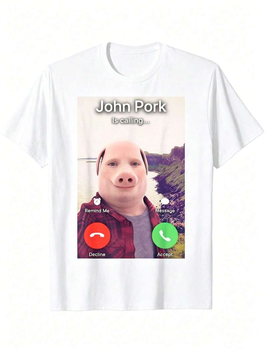 100% Cotton John Pork Is Calling T-Shirt - 白色 - 查看 1