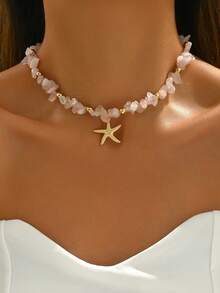 1 pieza Collar con colgante de estrella de mar metálica con cuentas, diseño de gema rosa, adecuado para uso diario y de viaje - Multicolor - Ver 1