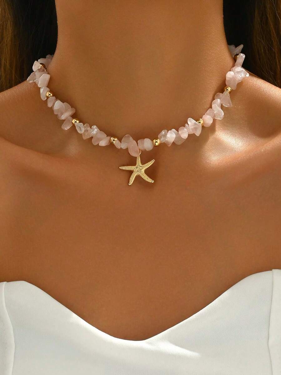 1 pieza Collar con colgante de estrella de mar metálica con cuentas, diseño de gema rosa, adecuado para uso diario y de viaje - Multicolor - Ver 1