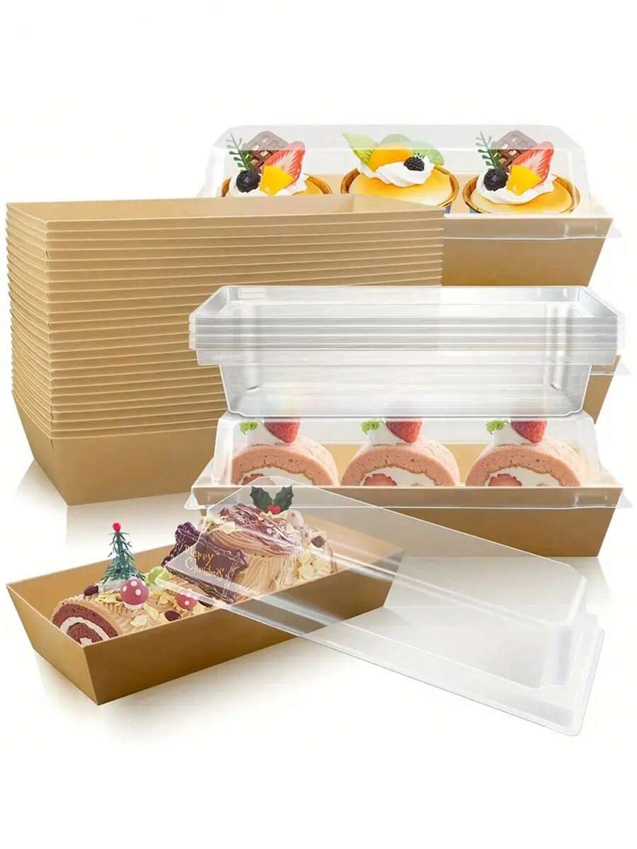 30pcs, Rectangular Cake Boxes, Swiss Roll Plastic Containers Sandwich Paper Box With Clear Lids Muffin Cheese Pastry Dessert Box Sushi Fruits Display Food Storage Holder Cupcake Container Box - Multicolor - View 1