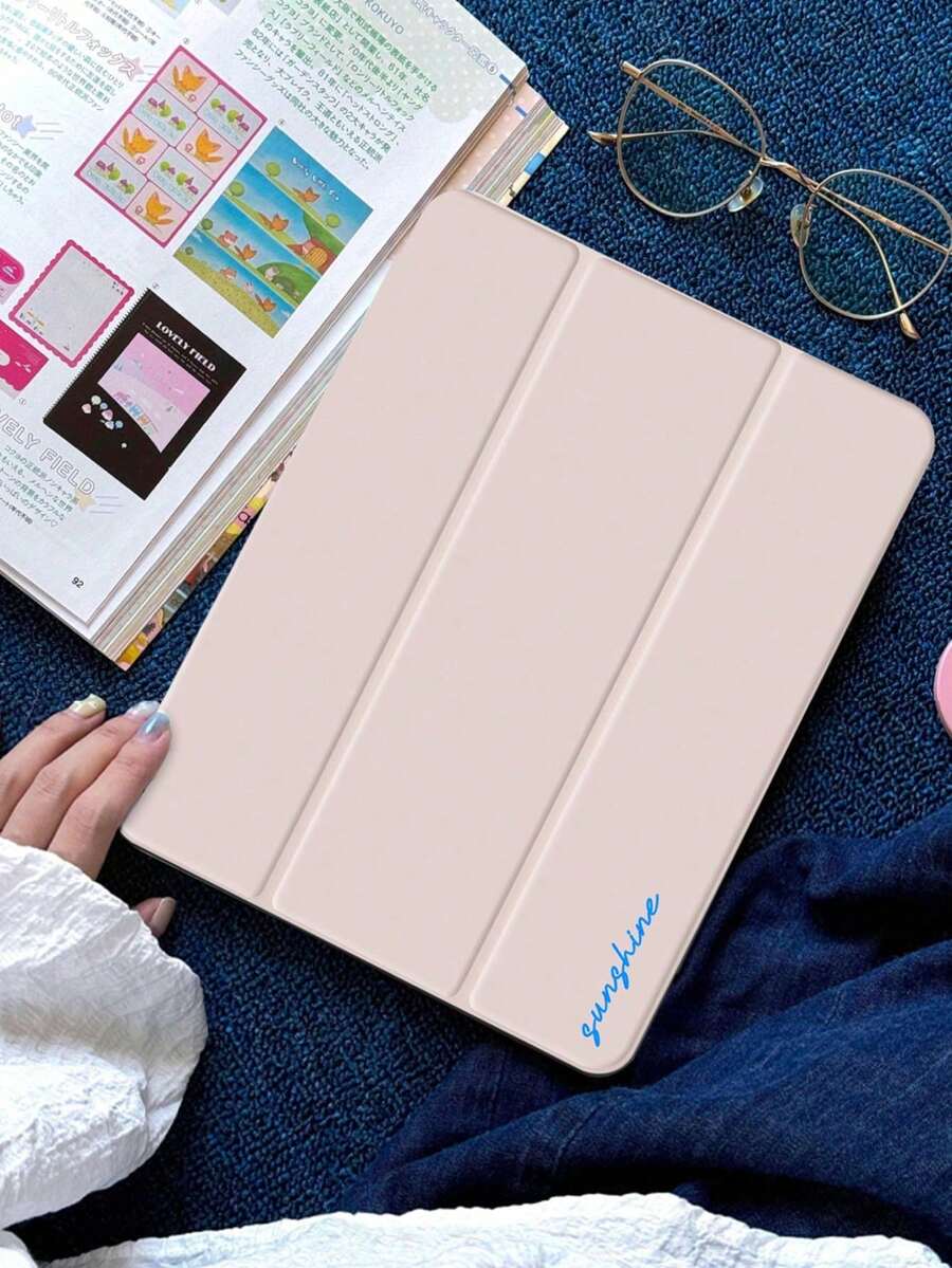 1pc Transparent Acrylic Tri-Fold Customized Text Tablet Case Pink, Customizable Text, Built-In Pen Slot, High Transparency Acrylic Back Shell With Silicone Frame Anti-Bend Anti-Scratch Anti-Drop, Tri-Fold Adjustable Viewing Angle Stand, Magnetic/Auto Sleep/Wake, Minimalist/Casual Tablet Protective Cover Flip Case, Product Does Not Include Pen, Some Models Come With Camera Frame - Pink - View 1
