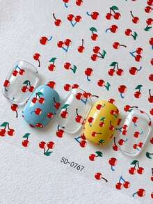 1 Sheet 5d Nail Art Sticker Cherry Pattern With Red Fruits And Green Leaves On White Background Beautiful & Fresh Design Suitable For Nail Stickers DIY - Multicolor - View 6