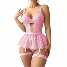 Lilosy Sexy Stocking Rhinestones Heart Garter Underwire Floral Mesh Lace Sheer Babydoll Lingerie Teddy Bodysuit Skirt Set - 粉色 - 查看 3