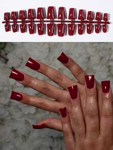 120pcs (5-Pack) Of Duckbill-Shaped Red Press-On Nails, Including A Gel Pad And A Nail File, Suitable For Everyday Work And DIY Use. - Red - View 3