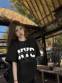 Women's Casual NYC Letter Graphic T-Shirt, Black Round Neck Short Sleeve Drop Shoulder Knit T-Shirt Streetwear Style - Black - View 4
