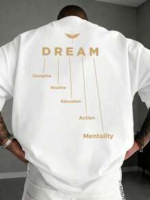 Loose-Fitting, Short-Sleeved T-Shirt With An Inspirational "DREAM" Slogan Print In A Vintage American Streetwear Style, Faded Black FRACTYR, Comfortab - 白色 - 查看 1