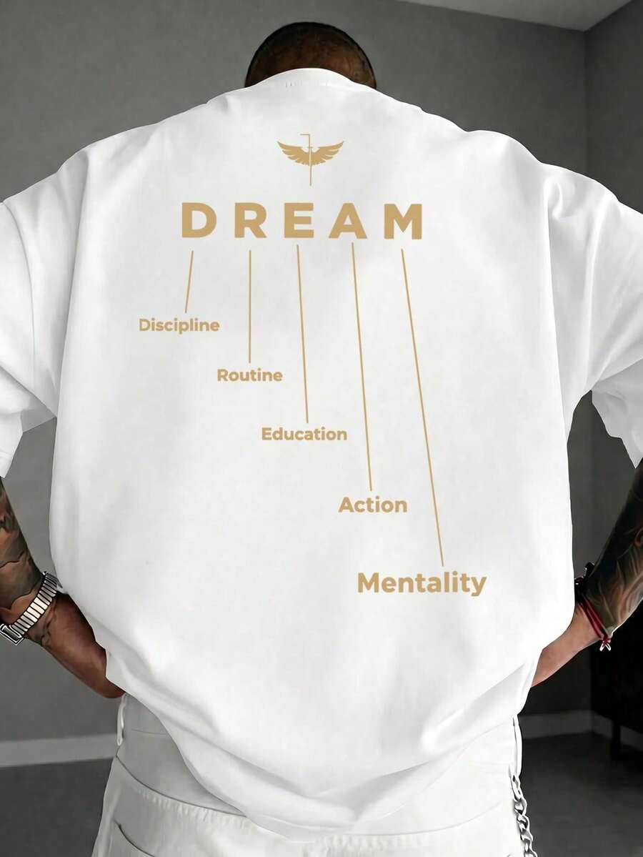 Loose-Fitting, Short-Sleeved T-Shirt With An Inspirational "DREAM" Slogan Print In A Vintage American Streetwear Style, Faded Black FRACTYR, Comfortab - 白色 - 查看 1