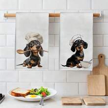 2pcs Dachshund Theme Chef Series Illustration Pattern Kitchen Towels, Rectangular Microfiber Kitchen Towels, Dishcloths, Scouring Pads, Hand Towels, Cooking Baking Tea Towels, Kitchen Decor, Housewarming Gift, Birthday Gift, Bathroom Cleaning Wet Wipes, Decorative Towels - Multicolor - View 6