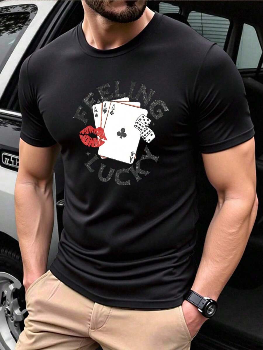 [New Products]Fashionable Summer Men's Breathable Comfortable Round Neck Short Sleeve Solid Color Versatile Feeling Lucky Printed Casual Daily T Shirt - Black - View 1