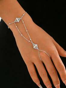 1 pieza Elegante y creativo brazalete de cadena para dedo con moneda antigua bañada en oro de cobre y borla de estrella para mujeres, accesorio para vestido de banquete y boda - Plateado - Ver 2