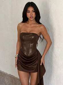 1pc Shiny Party Elegant Knit Fabric Zipper Sequin Patchwork Dress, Suitable For Evening Date, Birthday Party, Back To School Party, Singles Party, Spring/Summer - Brown - View 2