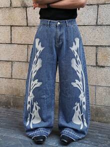 1 pieza Jeans de pierna ancha y corte holgado con estampado retro punk para hombre, estilo callejero - Azul - Ver 1